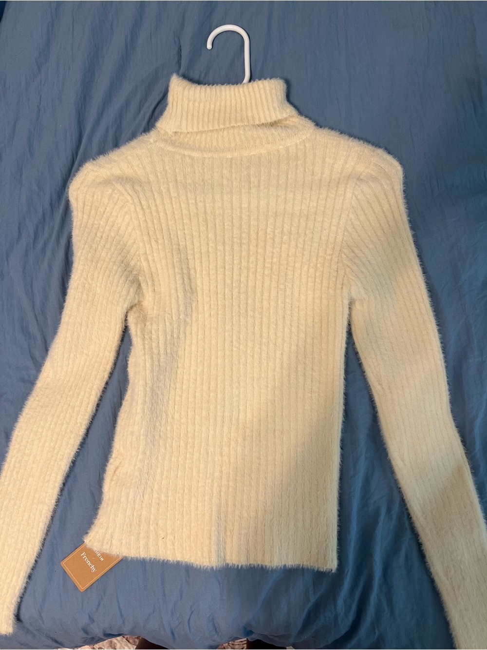 SHEIN Cream Fuzzy Ribbed Turtleneck Sweater